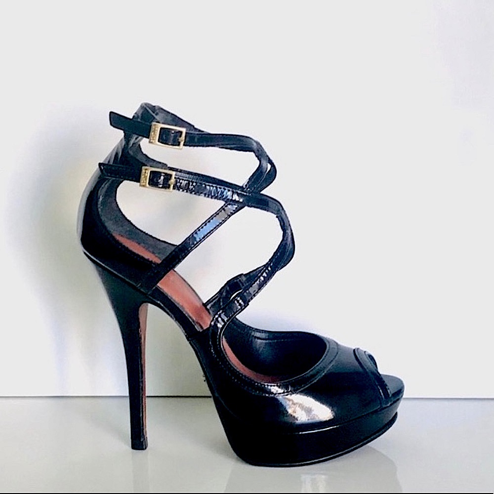 SOLD SCHUTZ Black Patent Peep-Toe Strap Platform Pump